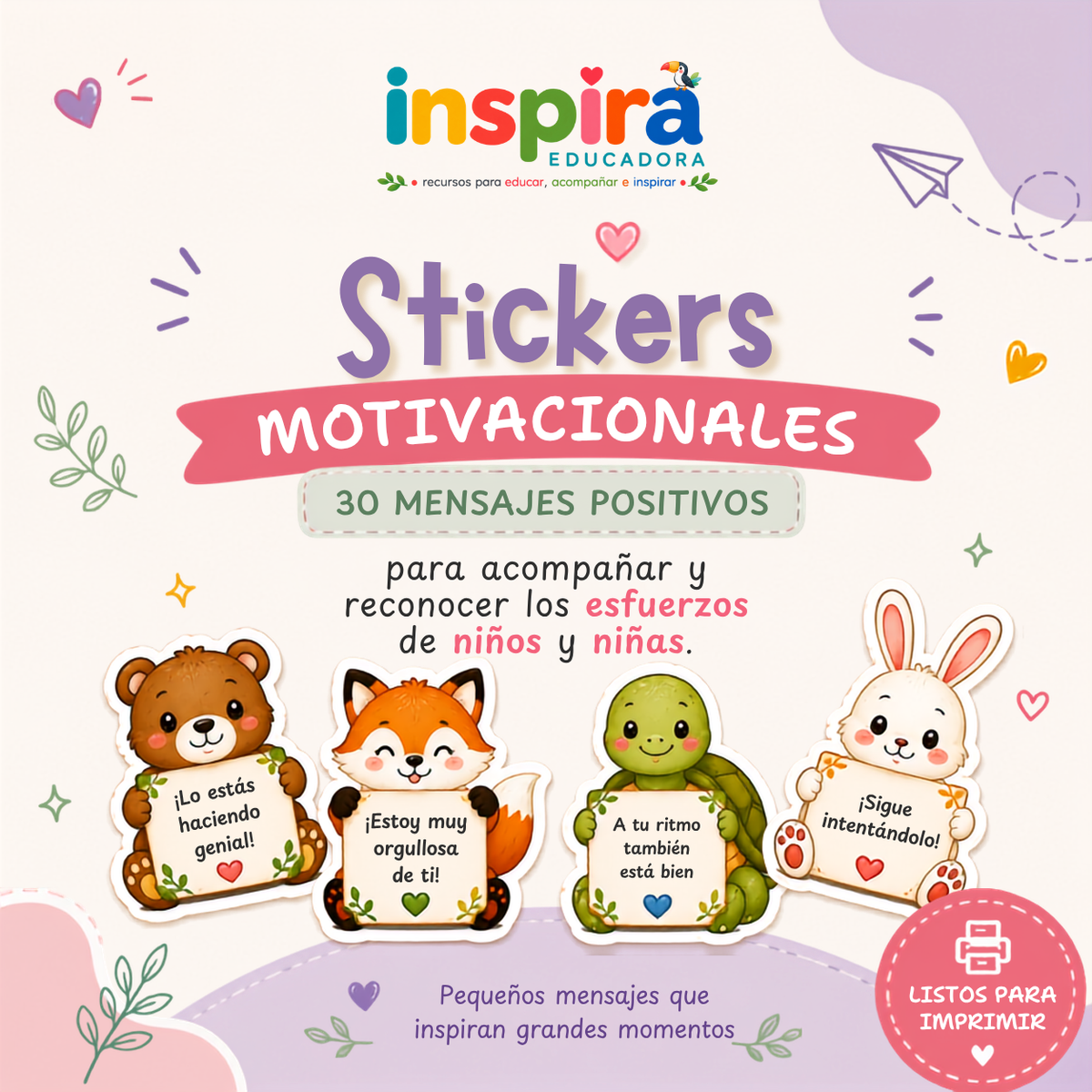 Stickers Motivacionales - 30 mensajes positivos imprimibles